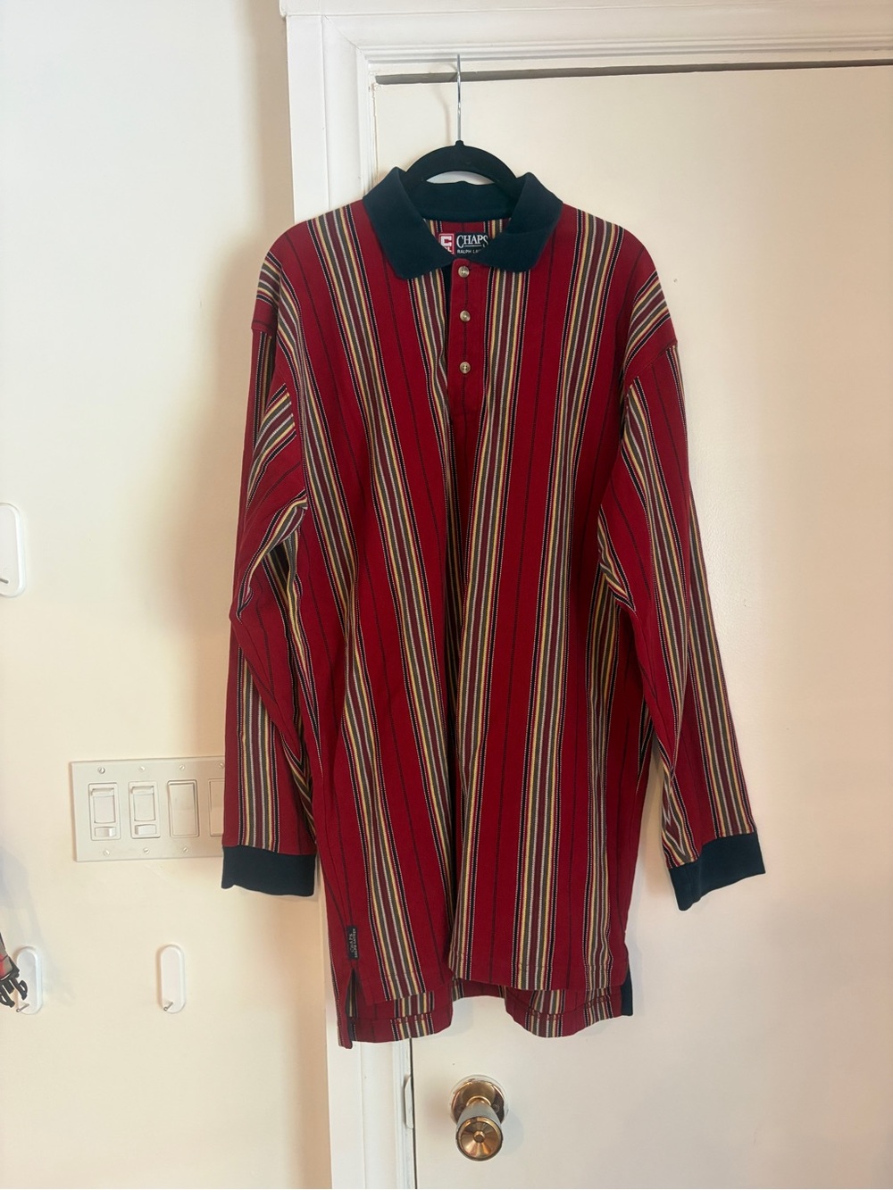 Vintage Chaps Men’s Red Striped Long-Sleeve Ralph Lauren Polo Shirt